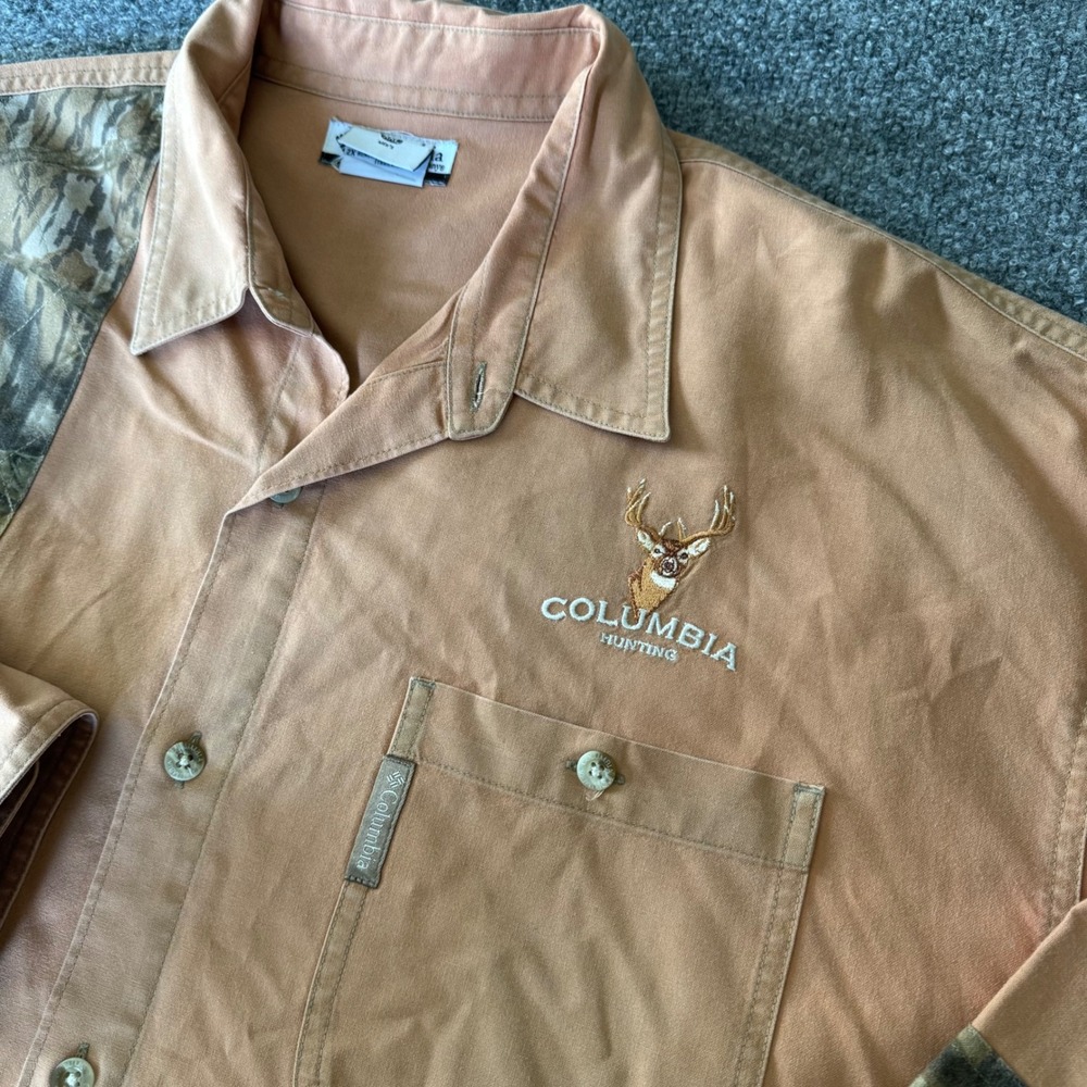 Columbia Shooting Shirt Mens XXL Camo Patch Cotton Canvas Relaxed Brown Tan VTG